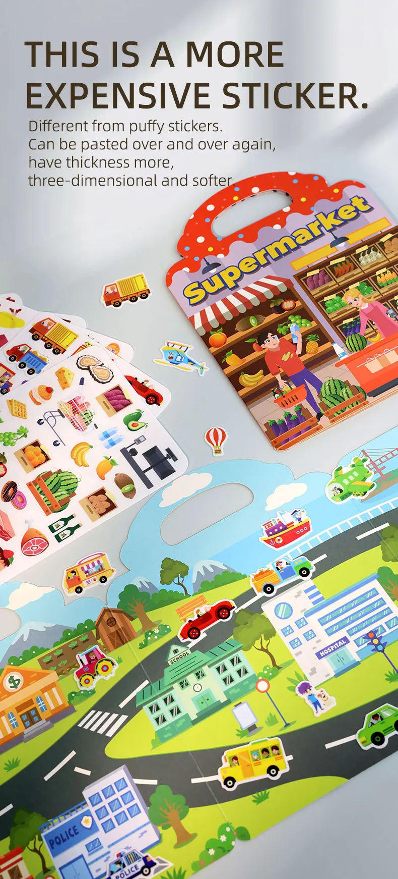 1 Book Jelly Sticker Book Quiet Book DIY Fun for Children's Scene Stickers Repeatedly Paste Puzzle Sticker Book