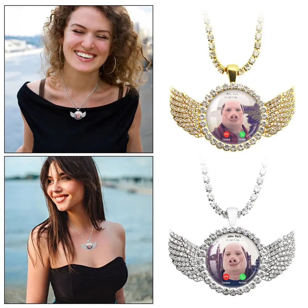 For John Pork Is Calling Answer Call Phone Humor Funny Pig Lover Graphic The Moon Necklace Angel Wings Pendant Necklace Gift