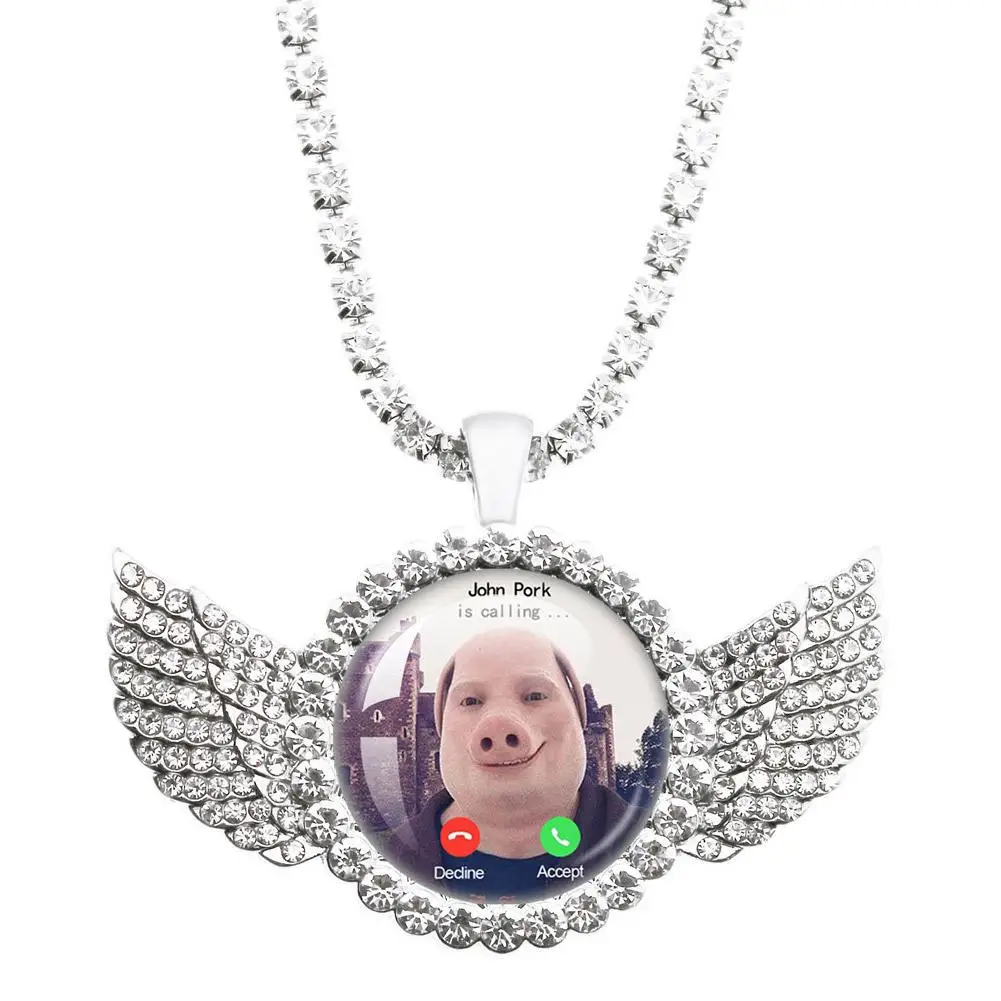 For John Pork Is Calling Answer Call Phone Humor Funny Pig Lover Graphic The Moon Necklace Angel Wings Pendant Necklace Gift