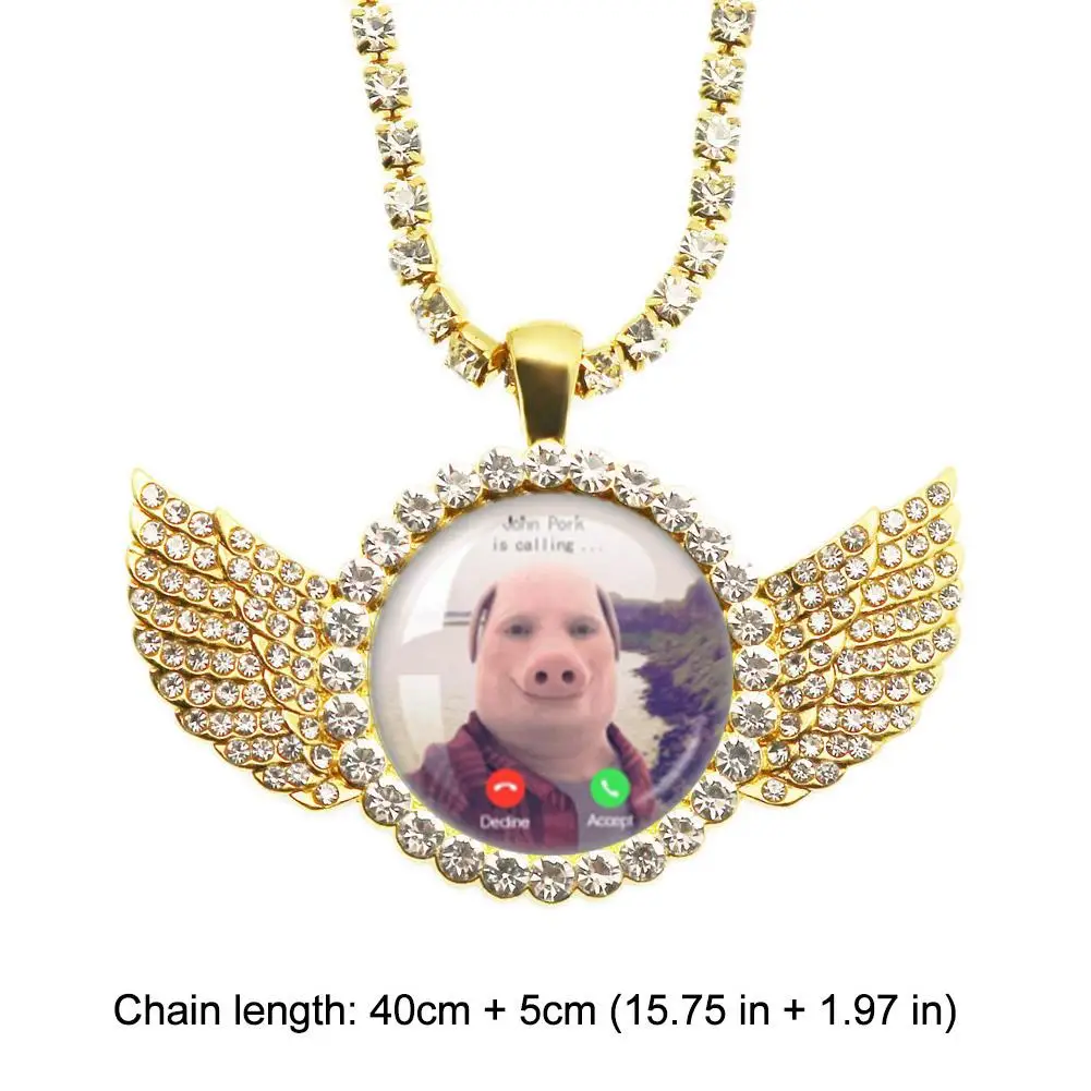 For John Pork Is Calling Answer Call Phone Humor Funny Pig Lover Graphic The Moon Necklace Angel Wings Pendant Necklace Gift