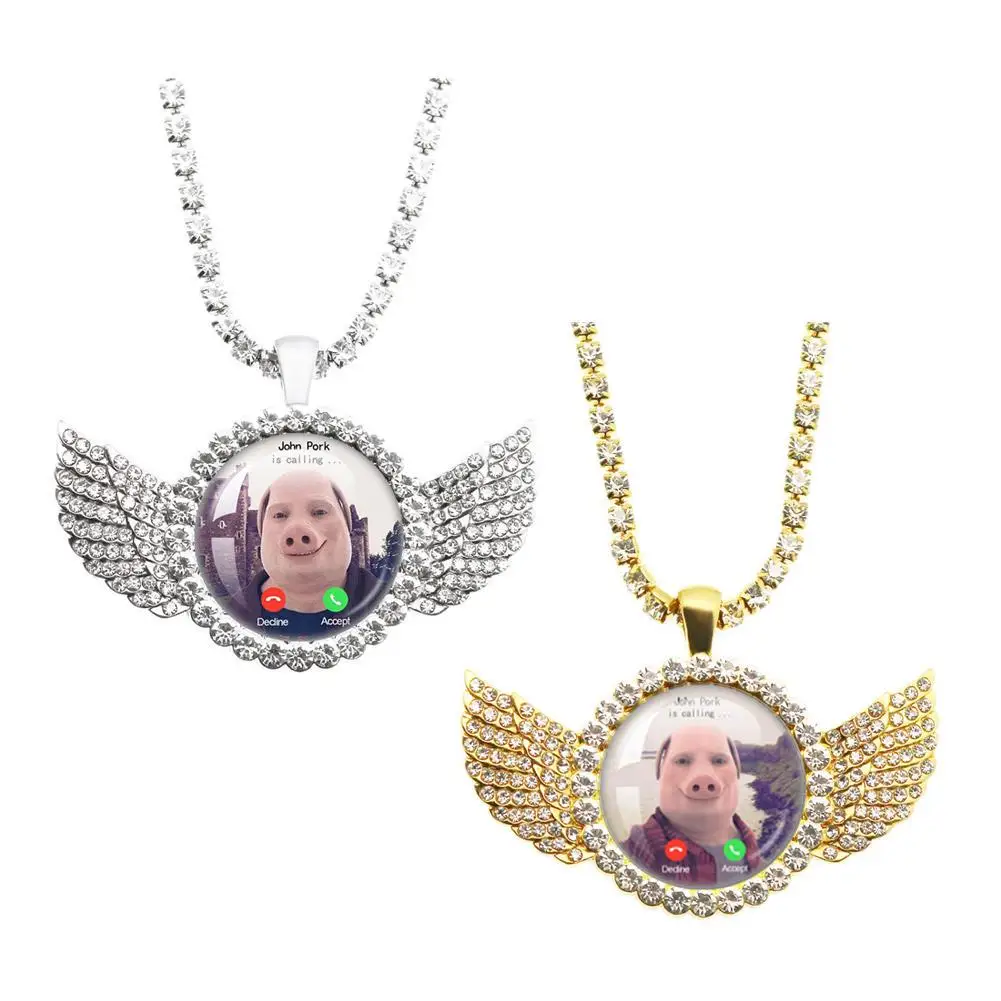 For John Pork Is Calling Answer Call Phone Humor Funny Pig Lover Graphic The Moon Necklace Angel Wings Pendant Necklace Gift