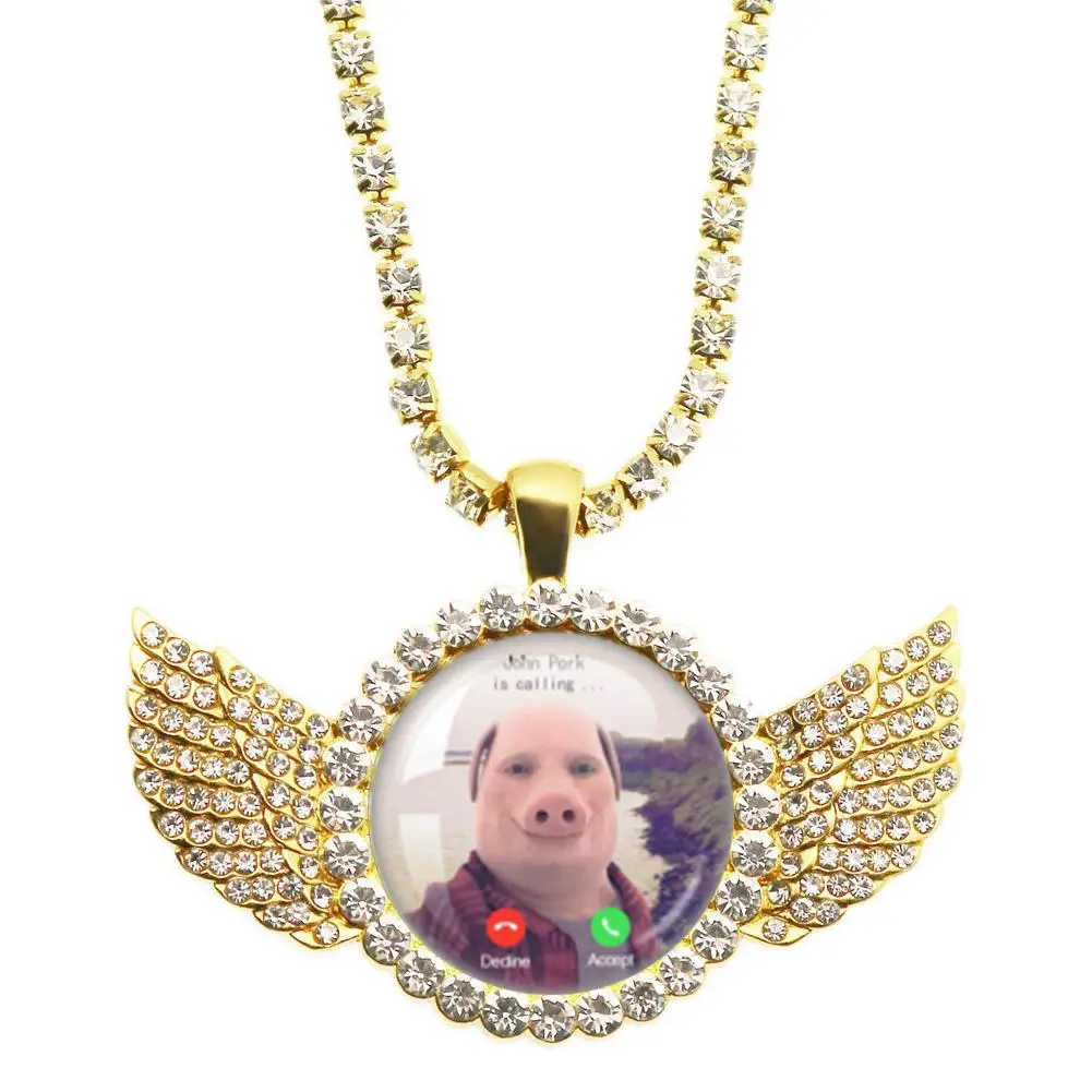 For John Pork Is Calling Answer Call Phone Humor Funny Pig Lover Graphic The Moon Necklace Angel Wings Pendant Necklace Gift