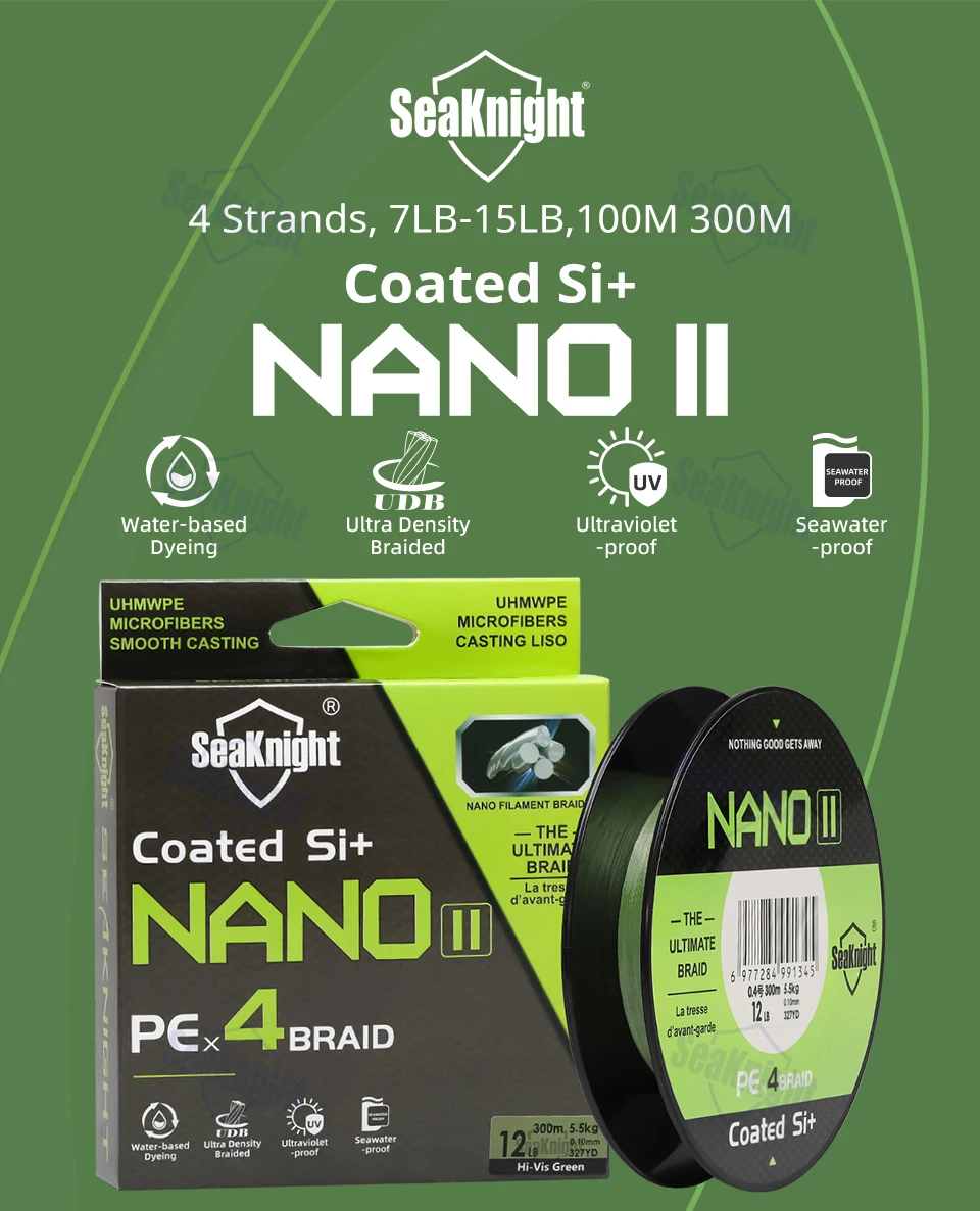 SeaKnight Brand NANO II Series Fishing Lines 300M 100M 4 Weaves Braided Multifilament Seawater-proof UV-proof Si+ Coating 7-15lb
