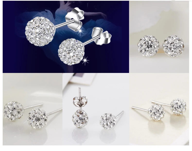 6/8/10mm White S925 Stamp Plata Color Earrings Micro Disco Balls Crystal Stud Earring Safe To Skin Women Jewelry Wholesale
