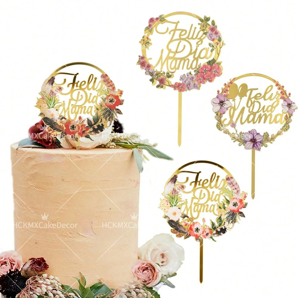 3pcs/5pcs Acrylic Spanish Feliz Dia Mama Flower Mother's Day Cake Topper Plugin for Mother's Day Party Cake Decoration Suppl
