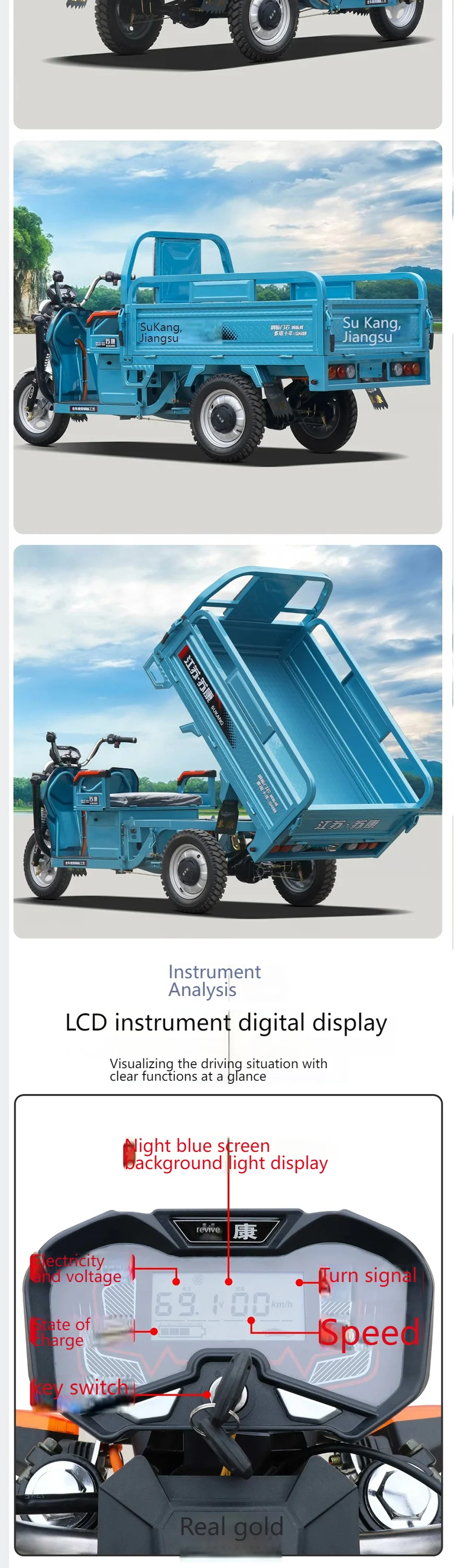 Electric Agricultural Tricycle Heavy Duty Cargo 3 Wheel Farm Transport Vehicle High Power 60V 1000W for Farming Garden Loading