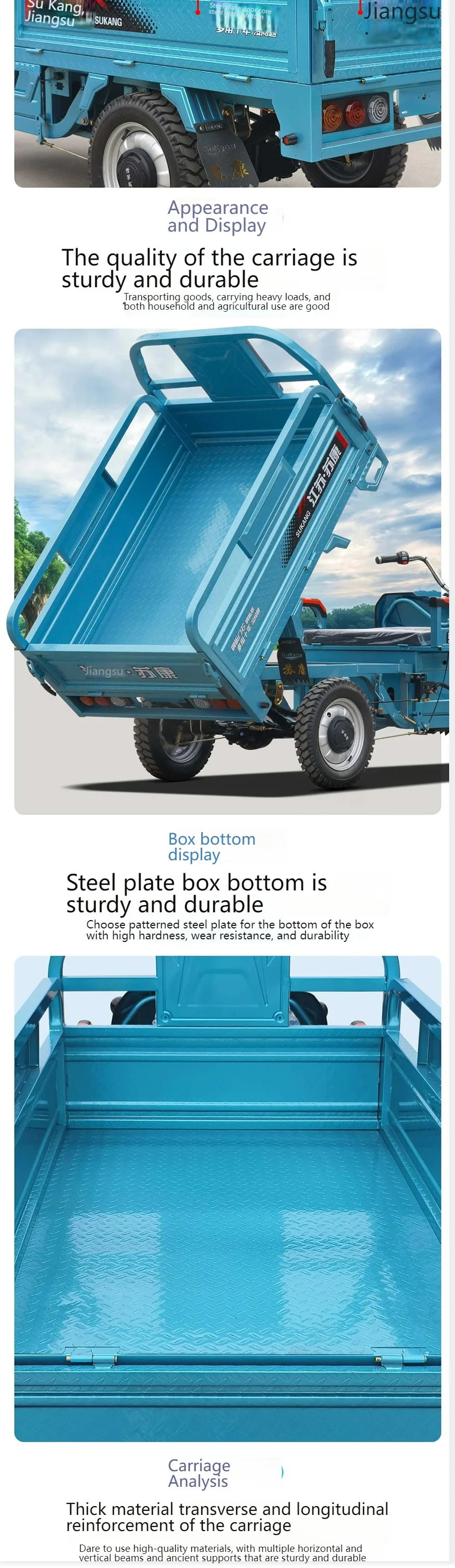 Electric Agricultural Tricycle Heavy Duty Cargo 3 Wheel Farm Transport Vehicle High Power 60V 1000W for Farming Garden Loading