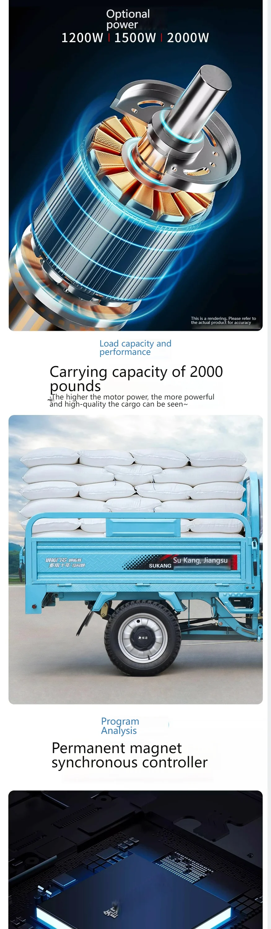 Electric Agricultural Tricycle Heavy Duty Cargo 3 Wheel Farm Transport Vehicle High Power 60V 1000W for Farming Garden Loading