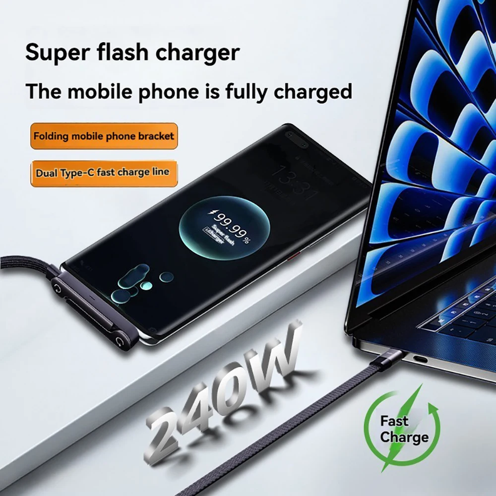 Creative 240w Cable Charger with Built-in Phone Stand 2-in-1 Fast Charging Cord Sideways Phone Charger for Smartphones Tablets