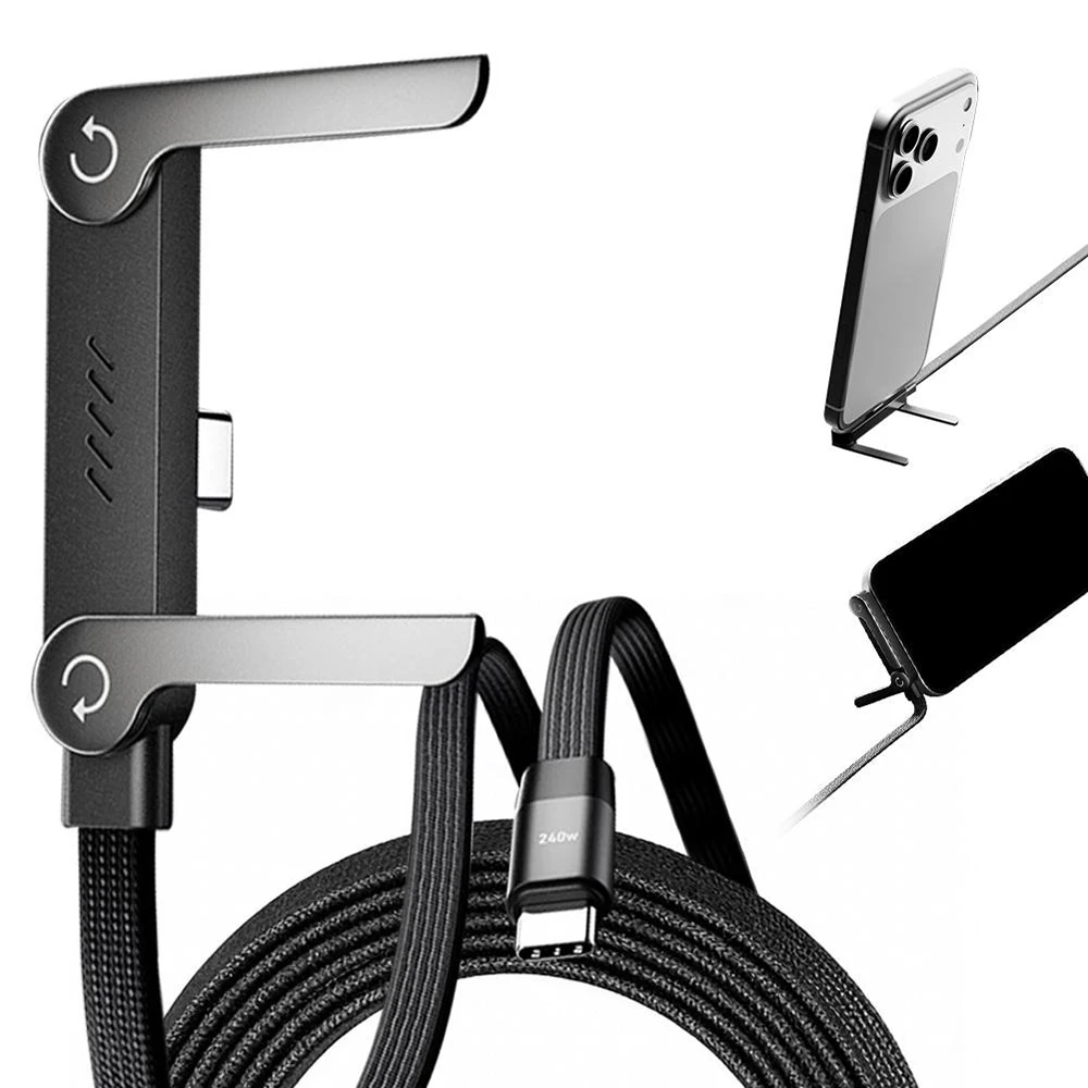 Creative 240w Cable Charger with Built-in Phone Stand 2-in-1 Fast Charging Cord Sideways Phone Charger for Smartphones Tablets
