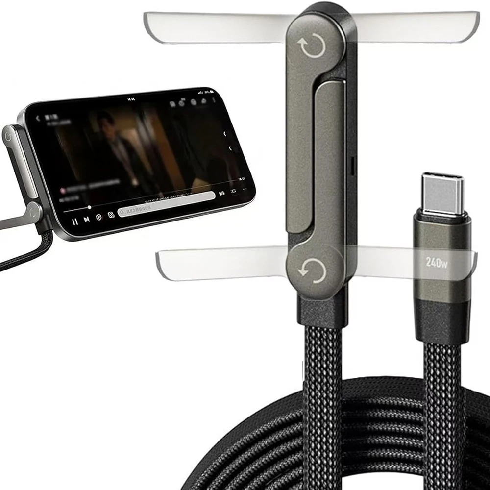 Creative 240w Cable Charger with Built-in Phone Stand 2-in-1 Fast Charging Cord Sideways Phone Charger for Smartphones Tablets
