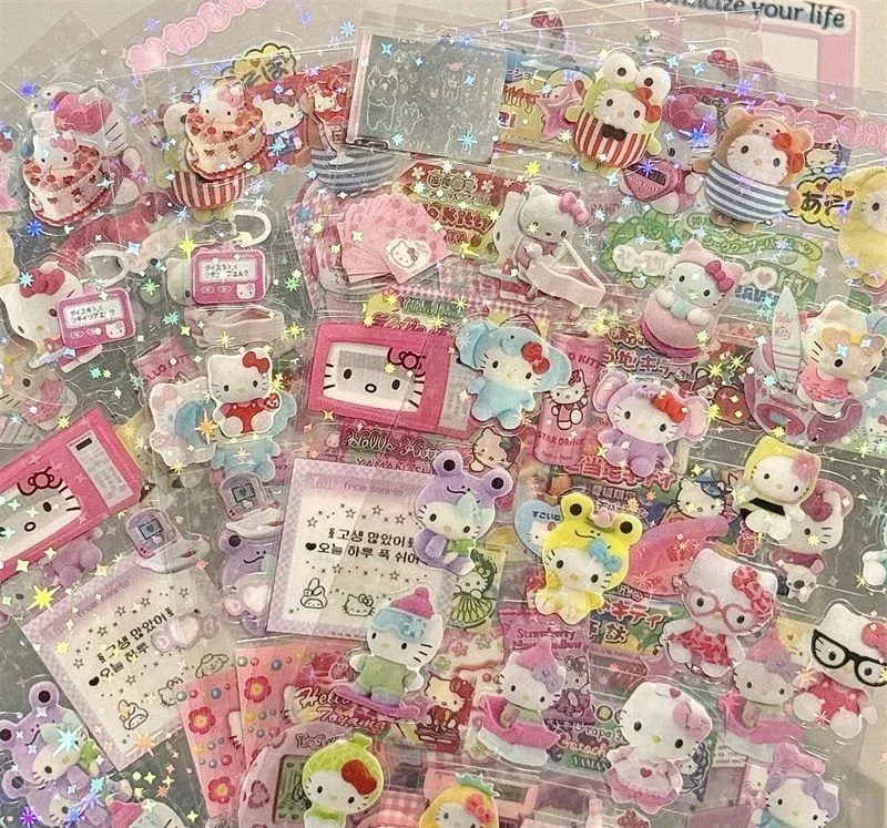 5PCS Cartoon Cute Hello Kitty Rilakkuma Stickers Die-cutting Sticker Anime Handbooks Material Flashing Laser Sticker Kid Toy