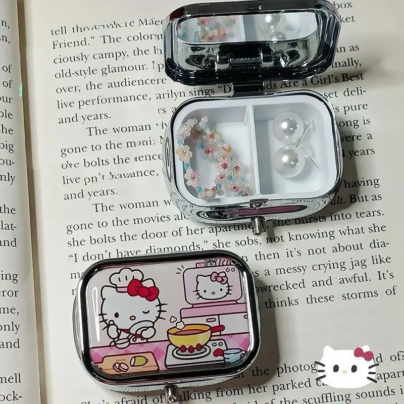 Anime Hello Kitty Metal Storage Box Pill Organizer Compartmentalized Cute Cartoon Mini Jewelry Box Candy Container Kawaii