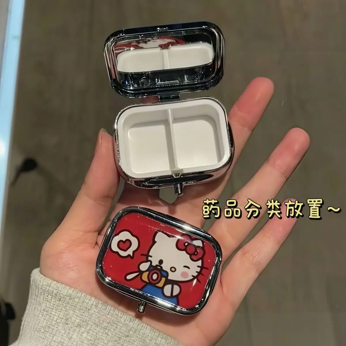 Anime Hello Kitty Metal Storage Box Pill Organizer Compartmentalized Cute Cartoon Mini Jewelry Box Candy Container Kawaii