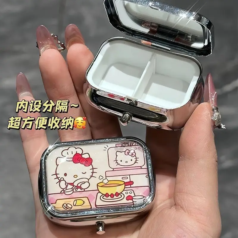 Anime Hello Kitty Metal Storage Box Pill Organizer Compartmentalized Cute Cartoon Mini Jewelry Box Candy Container Kawaii