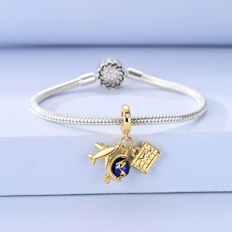 Hot 925 Sterling Silver Gold Charm Bead Pendant Airplane Elephant Heart Box Charm Fit Original Bracelet Woman DIY Jewelry Gift