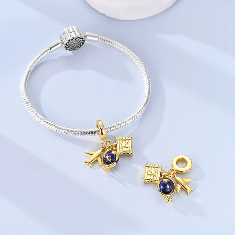 Hot 925 Sterling Silver Gold Charm Bead Pendant Airplane Elephant Heart Box Charm Fit Original Bracelet Woman DIY Jewelry Gift