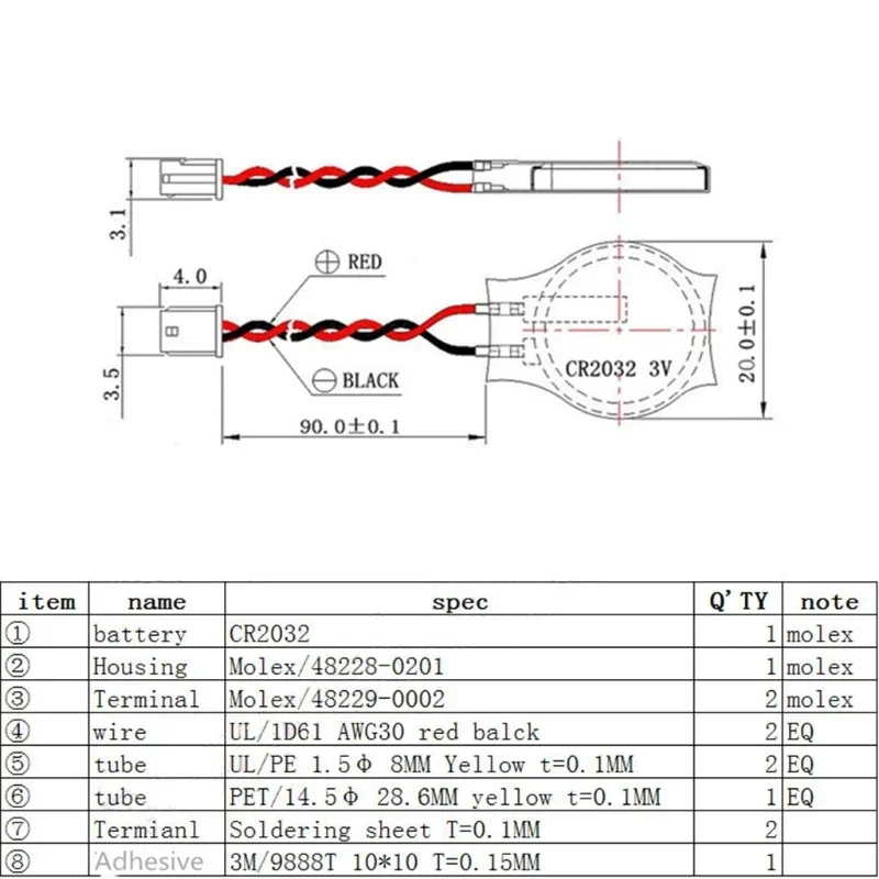 5-30PCS CR2032 Battery with Wire 2pin Laptop Motherboard BIOS CMOS Battery Disassemble Button Battery CR2016 2032