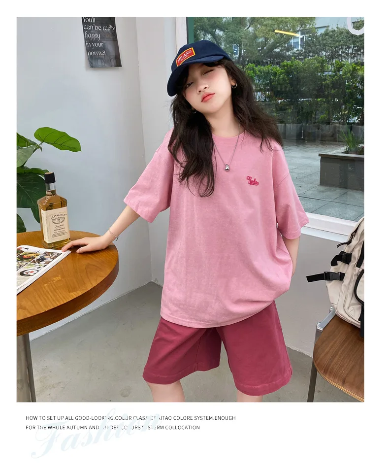 Summer Girls Cotton Alphabet Prints T-Shirt Tops+Plain Shorts Pant Workout Sets School Kids 2PCS Tracksuit Child Outfits 5-16 Yr