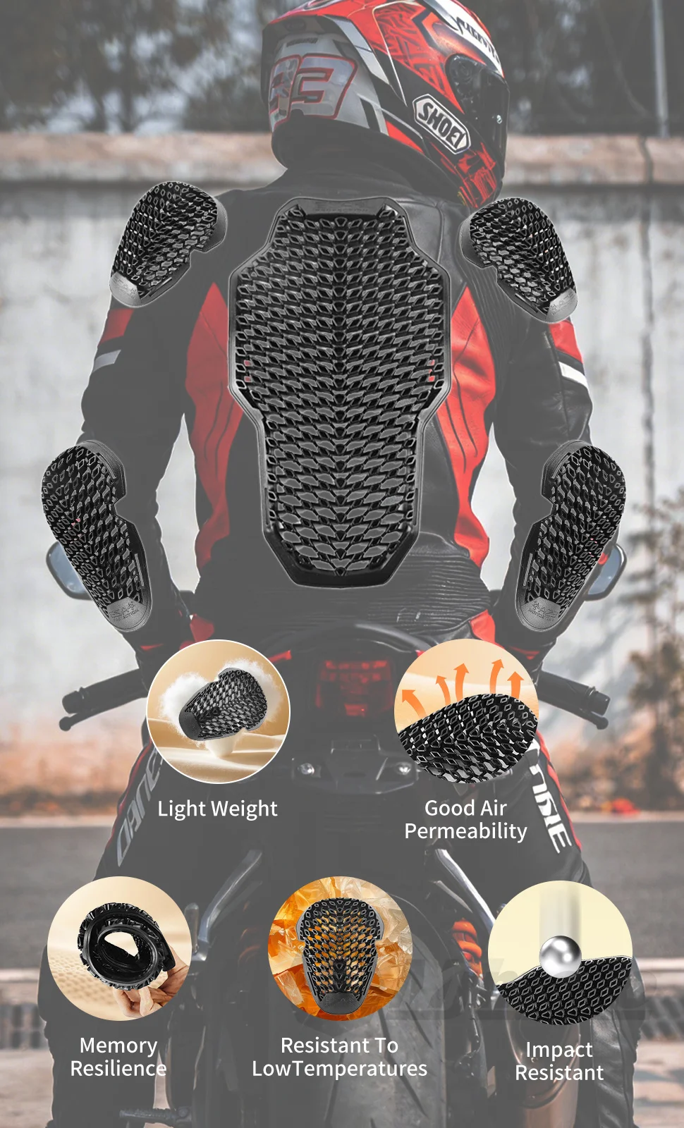 Motorcycle Protector Armor Anti-Shock Back Pad CE Level 2 Riding Shoulder Elbow Knee Pads Built-in Guard Gear for Riding Safety