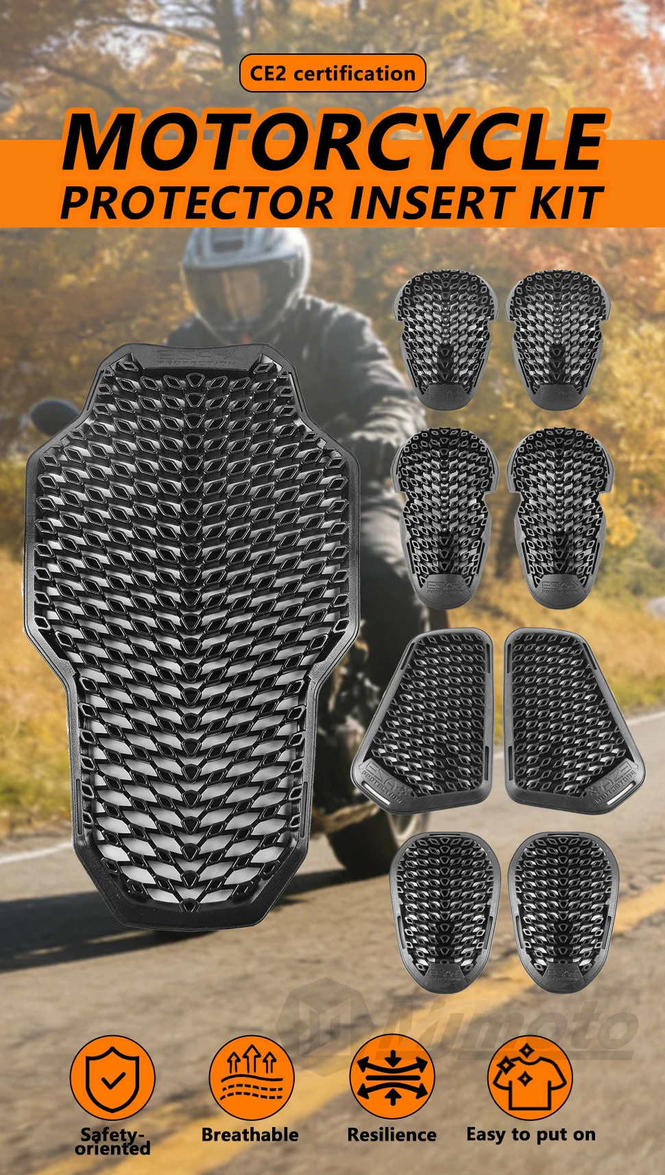 Motorcycle Protector Armor Anti-Shock Back Pad CE Level 2 Riding Shoulder Elbow Knee Pads Built-in Guard Gear for Riding Safety