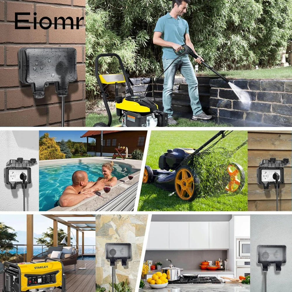 EIOMR 16A 220V IP66 Waterproof Double Socket,Black Outdoor Power Outlet with Switch,With Type C Charging Port EU Standard Socket