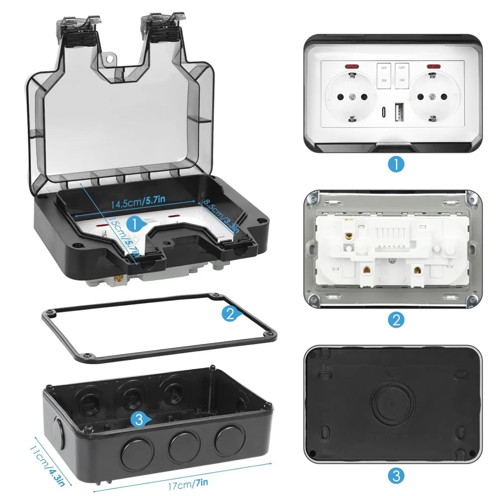 EIOMR 16A 220V IP66 Waterproof Double Socket,Black Outdoor Power Outlet with Switch,With Type C Charging Port EU Standard Socket