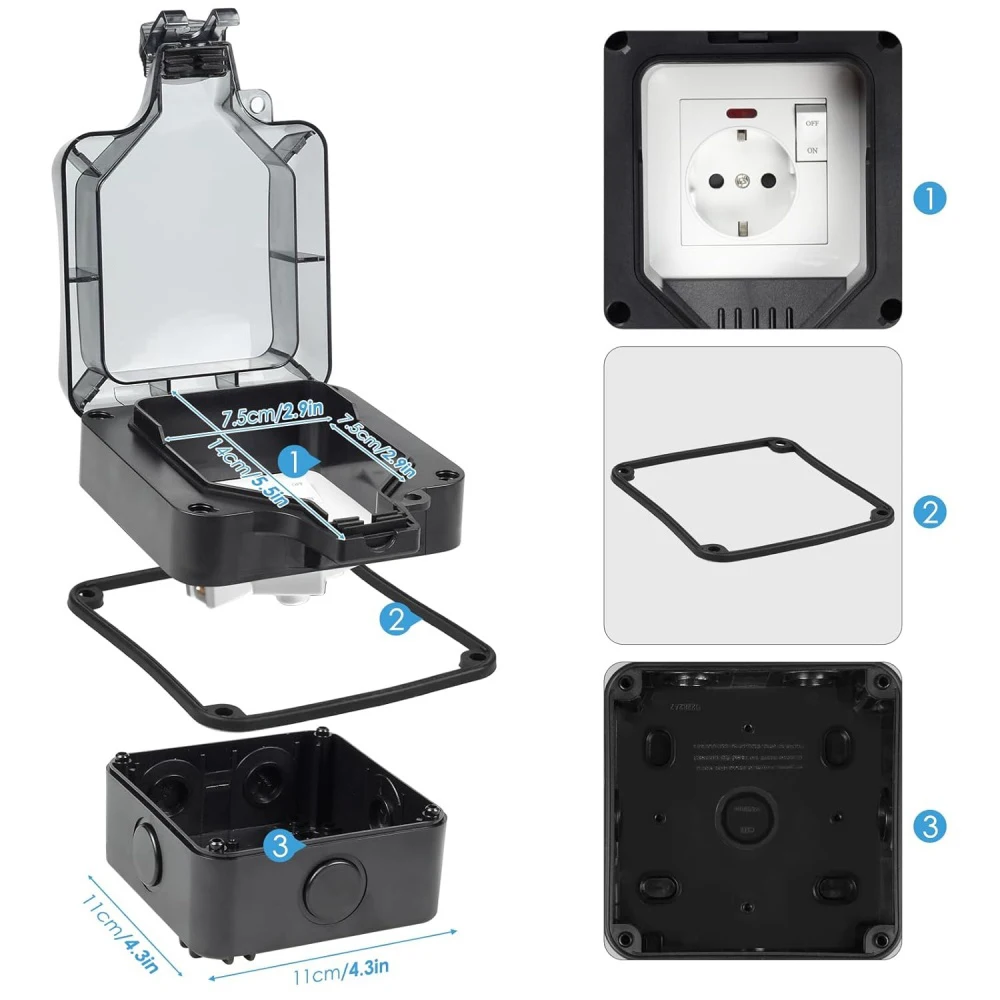 EIOMR 16A 220V IP66 Waterproof Double Socket,Black Outdoor Power Outlet with Switch,With Type C Charging Port EU Standard Socket