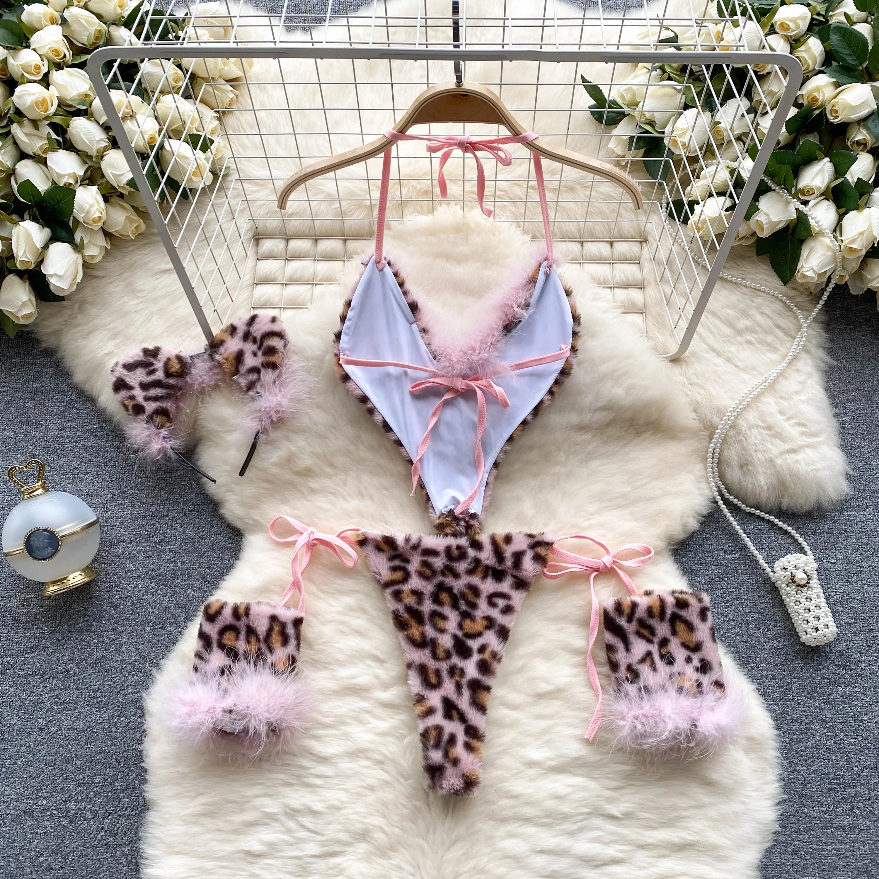 Women Leopard Print Velour Bodysuits Fashion One Piece Combination Halter Vintage Bodycon Sexy Onesie Lingerie Comfortable New