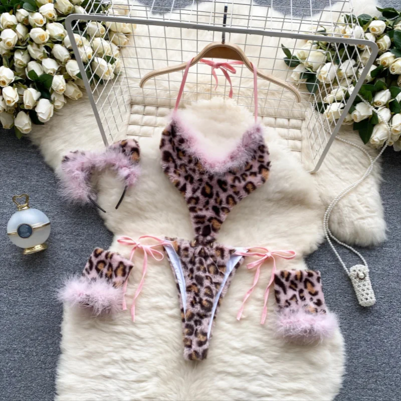 Women Leopard Print Velour Bodysuits Fashion One Piece Combination Halter Vintage Bodycon Sexy Onesie Lingerie Comfortable New