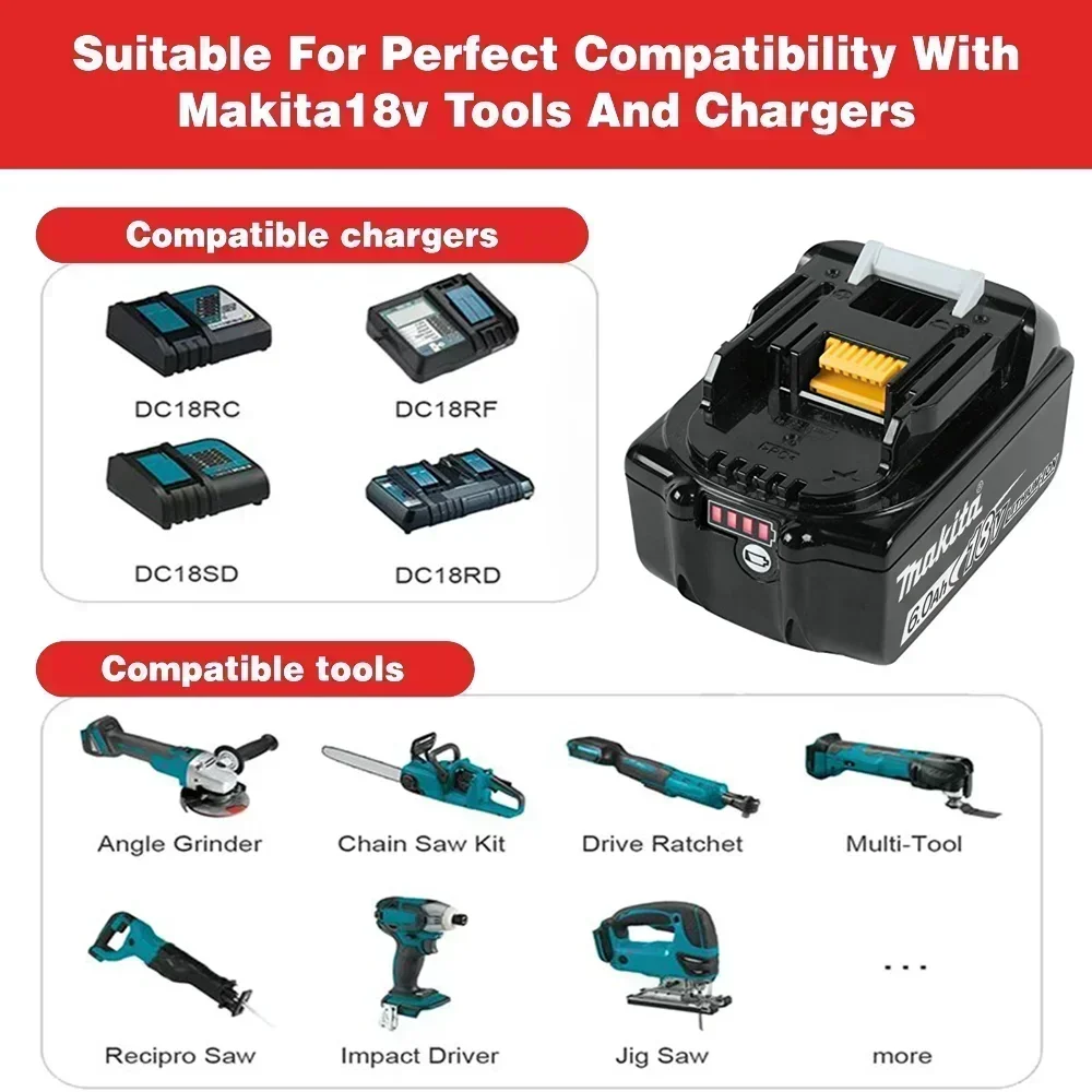 100% Original 18V 6Ah Makita Battery, Used for High-Capacity Rechargeable Power Tools, Backup Lithium-Ion Battery + Charger