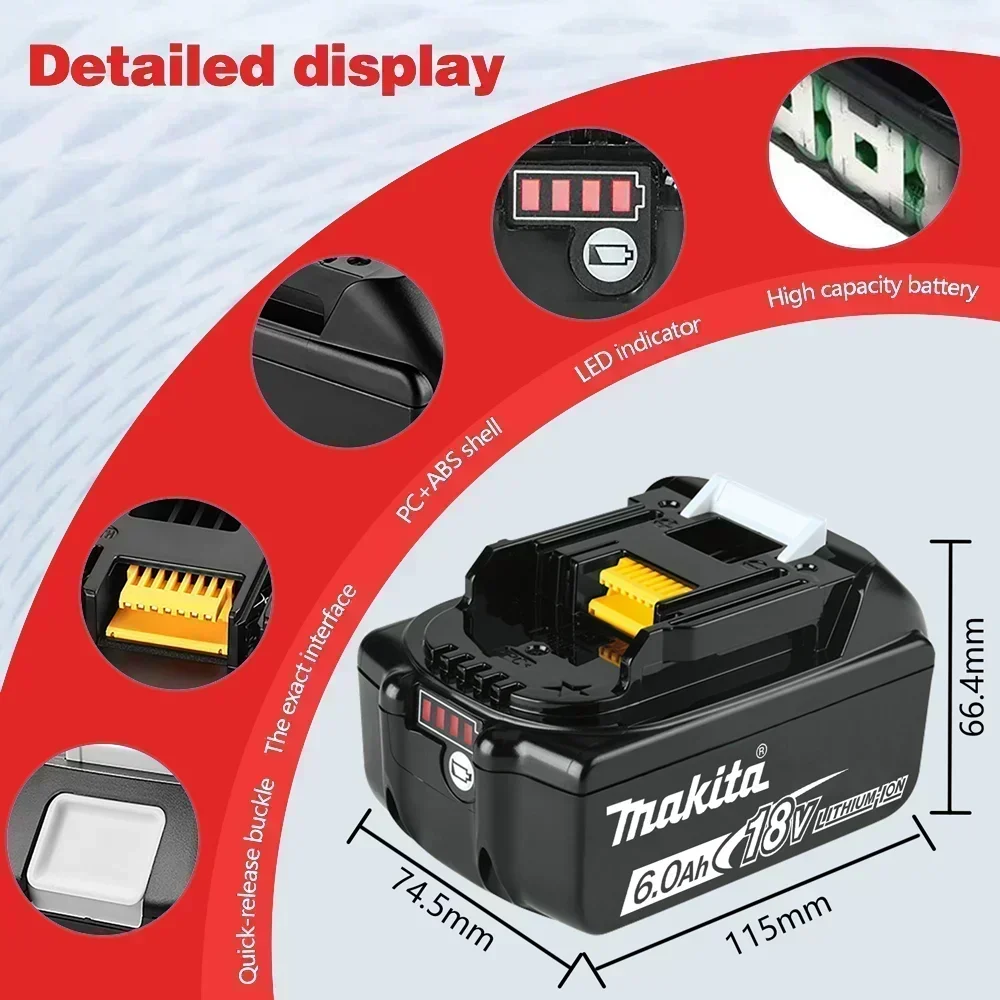 100% Original 18V 6Ah Makita Battery, Used for High-Capacity Rechargeable Power Tools, Backup Lithium-Ion Battery + Charger