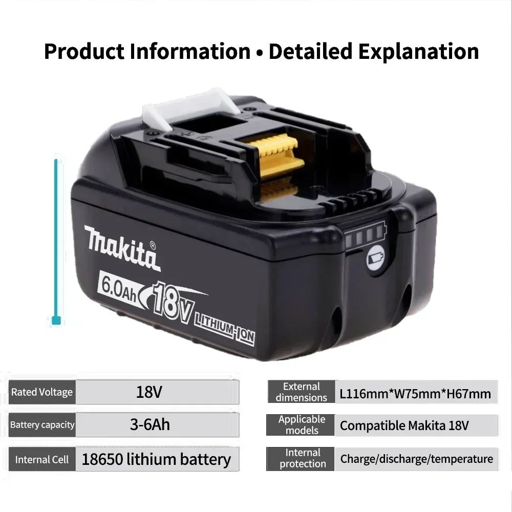 100% Original 18V 6Ah Makita Battery, Used for High-Capacity Rechargeable Power Tools, Backup Lithium-Ion Battery + Charger