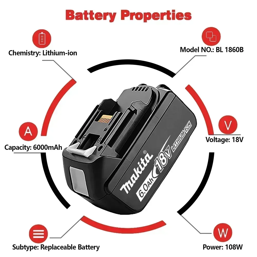 100% Original 18V 6Ah Makita Battery, Used for High-Capacity Rechargeable Power Tools, Backup Lithium-Ion Battery + Charger