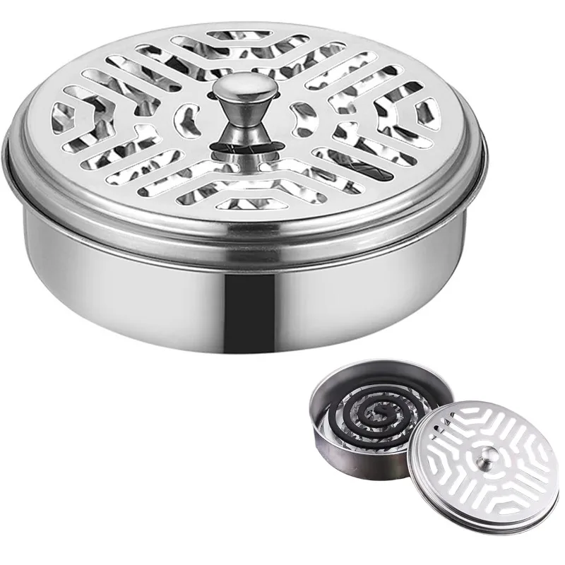 Stainless Steel Mosquito Coil Tray Holder with Lid, Round Household Wrought Iron Mosquito Coil Box, Ash Tray for Mosquito Coils