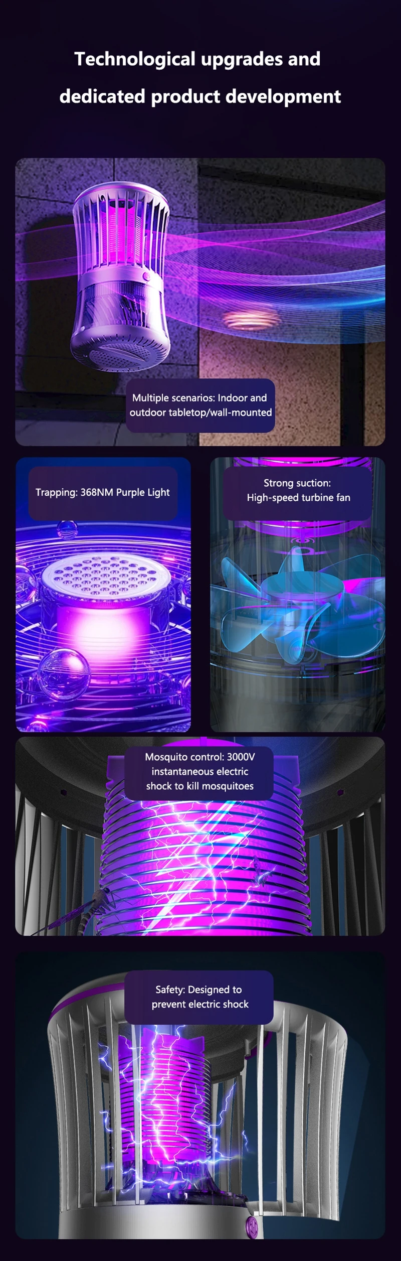 368NM Light Mosquito Killer Lamp Electric Shock Inhalation 2-in-1 Fly Trap Household Use Efficient in Killing Flies Mosquitoes