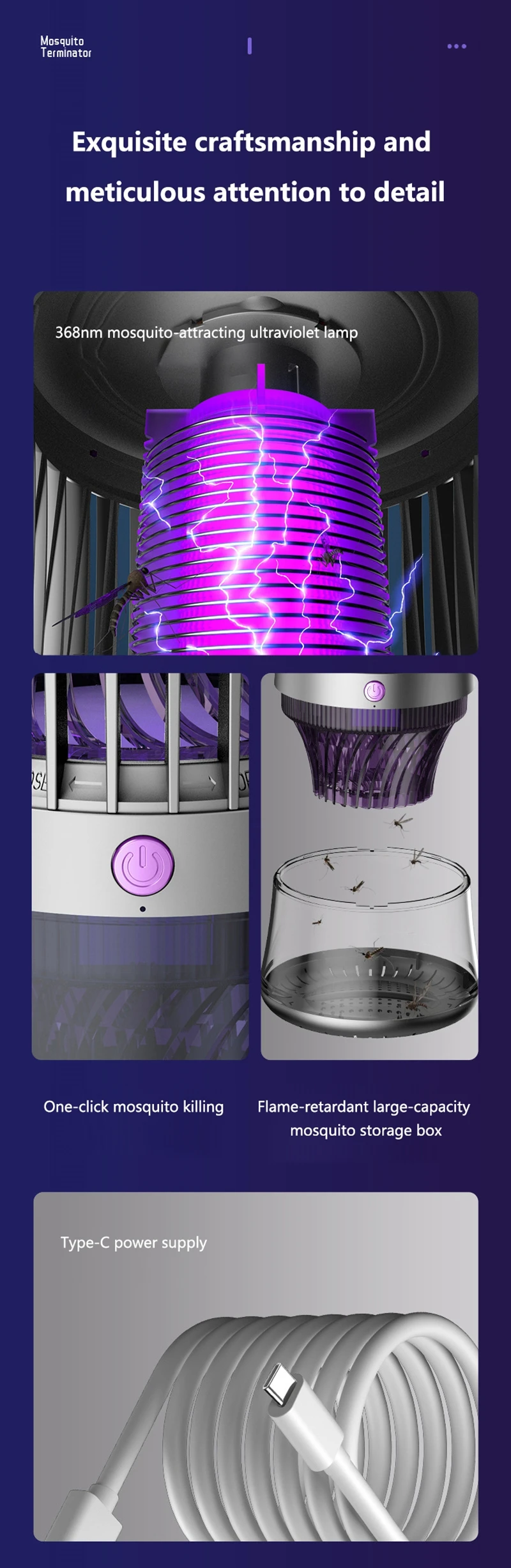 368NM Light Mosquito Killer Lamp Electric Shock Inhalation 2-in-1 Fly Trap Household Use Efficient in Killing Flies Mosquitoes