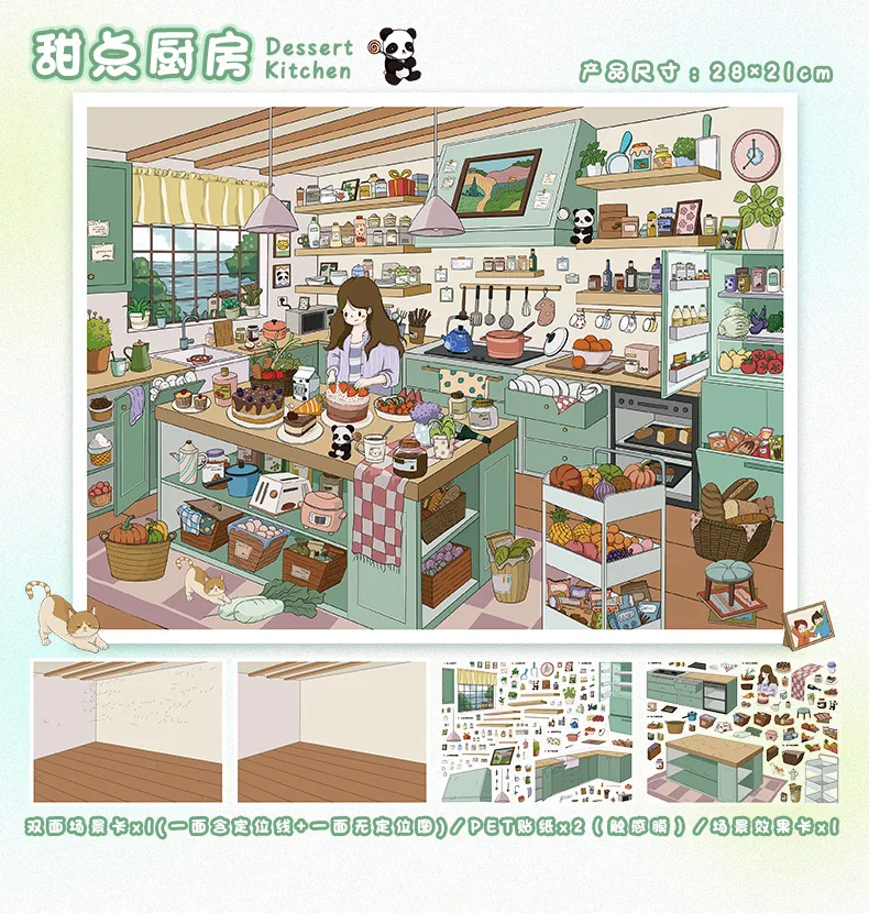 Kawaii Comfortable work 3D Dessert Kitchen Landscape Sticker DIY Pocket Cabin Scene festival gift