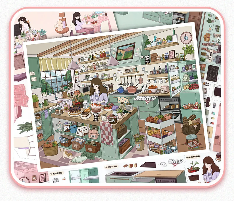 Kawaii Comfortable work 3D Dessert Kitchen Landscape Sticker DIY Pocket Cabin Scene festival gift