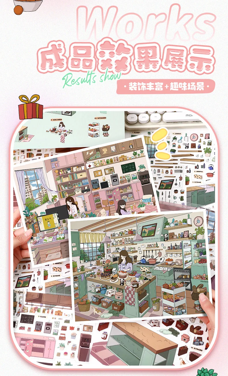 Kawaii Comfortable work 3D Dessert Kitchen Landscape Sticker DIY Pocket Cabin Scene festival gift