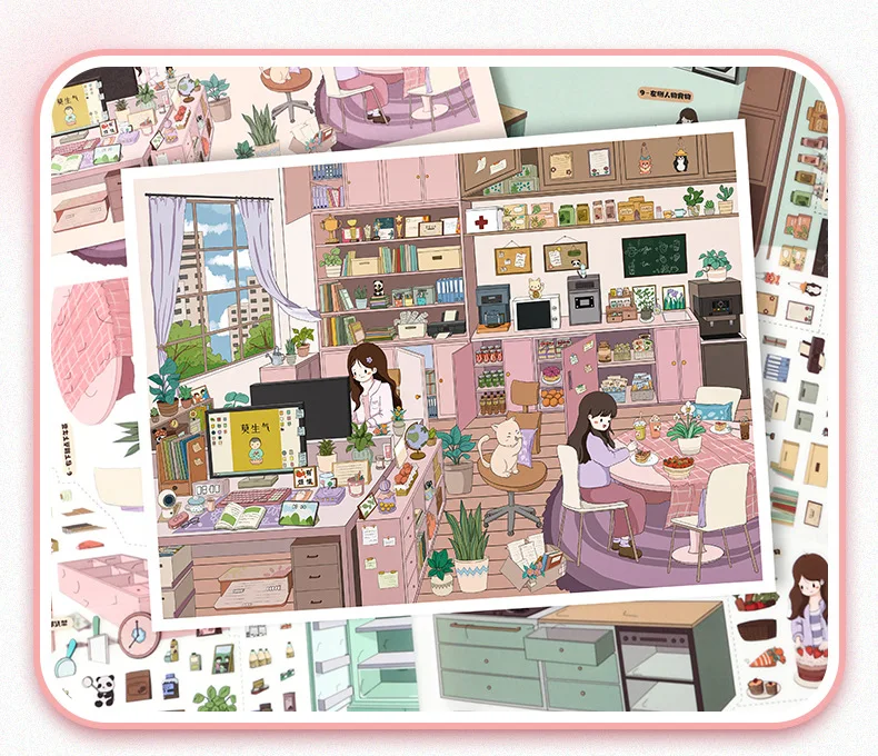 Kawaii Comfortable work 3D Dessert Kitchen Landscape Sticker DIY Pocket Cabin Scene festival gift