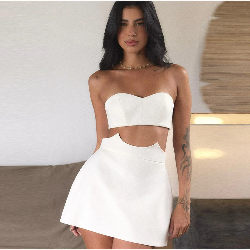 Casual Linen Blend 2 Pieces Sets for Women Strapless Vest Top A Line Mini Skirt Set 2026 NEW Beach Vacation Lady Solid Outfits