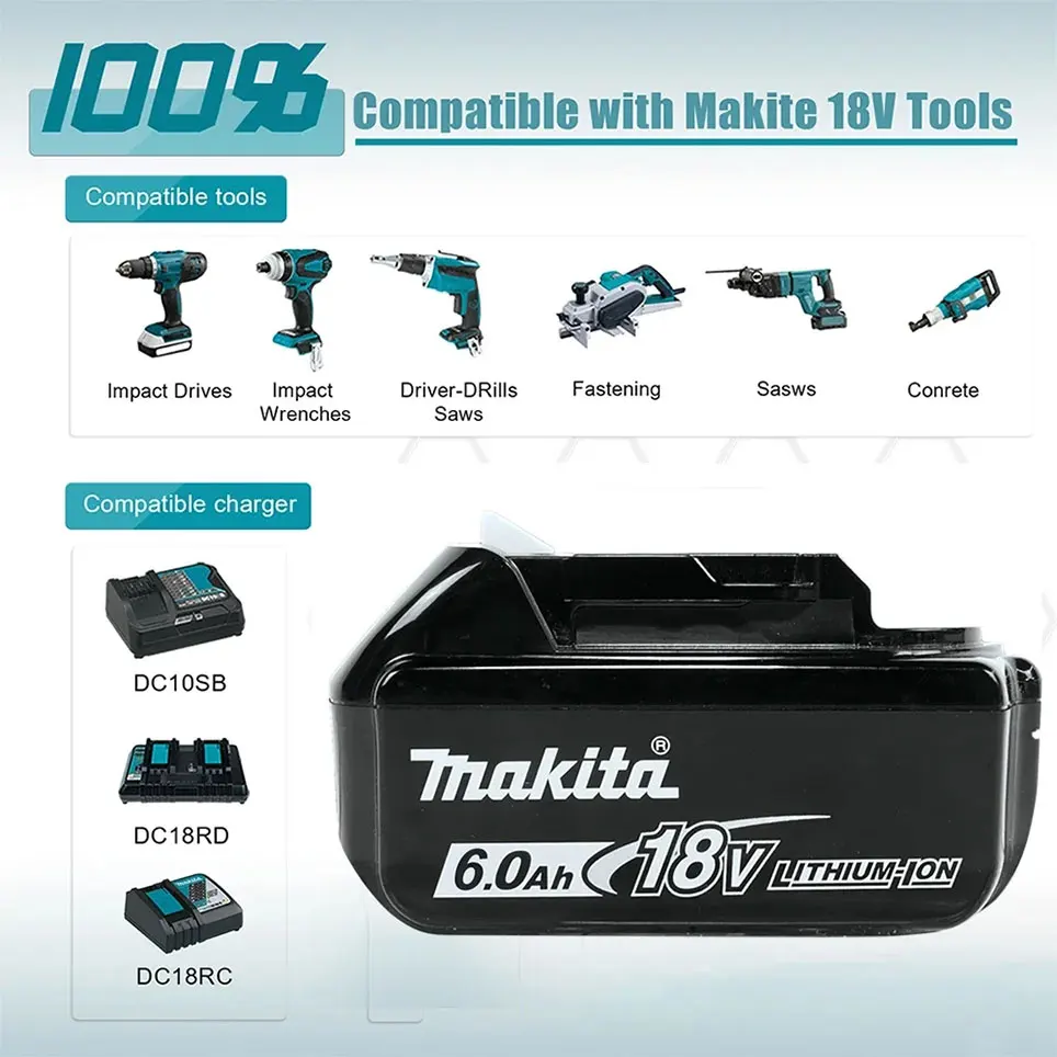 Makita Battery BL1860 Rechargeable Battery 18V 6.0Ah Lithium Ion for Makita 18v Battery 6Ah BL1850 BL1880 BL1860B LXT400