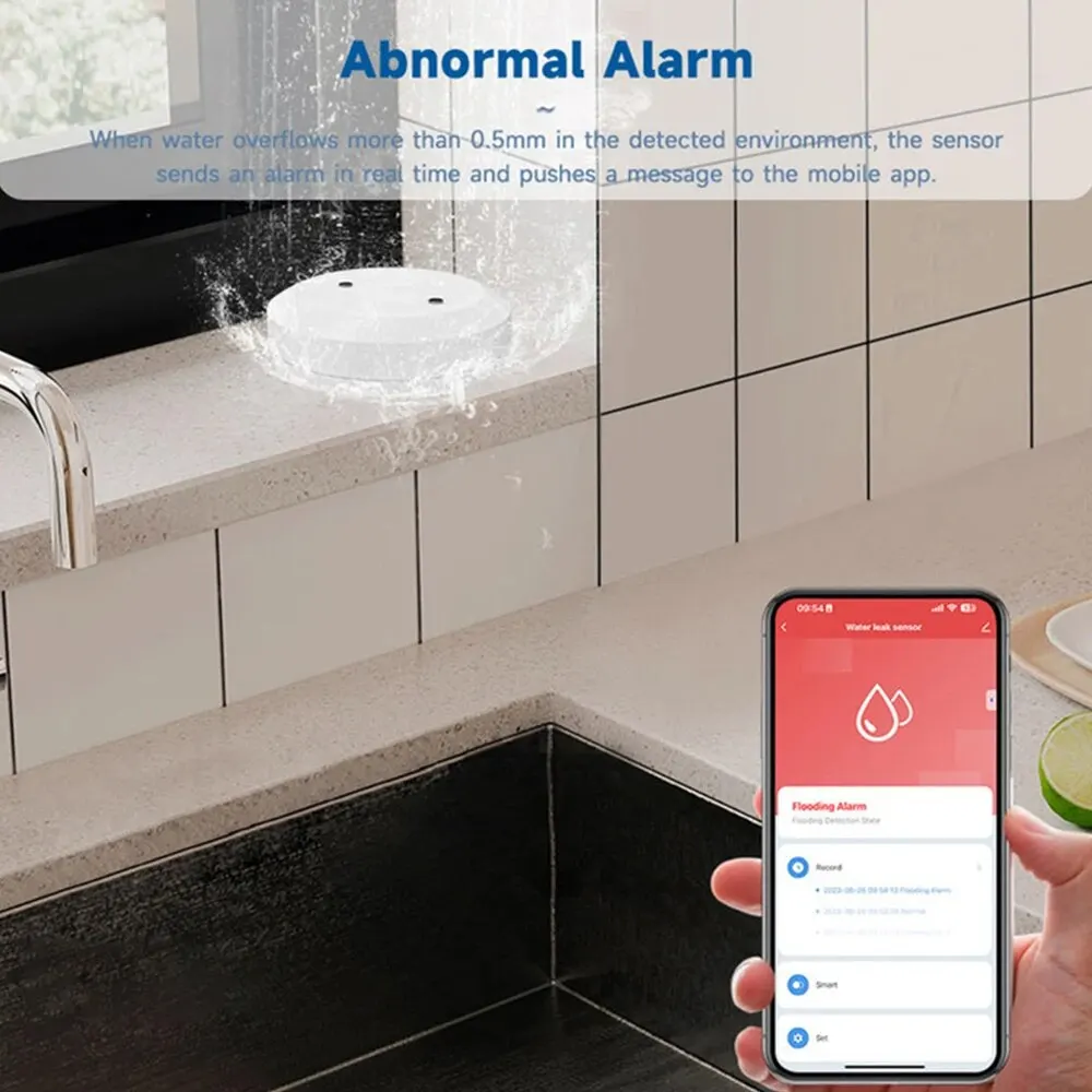 ZigBee Water Leak Sensor Flood Detector with Tuya Smart Life APP Alarm Security System Compatible with Zigbee Gateway