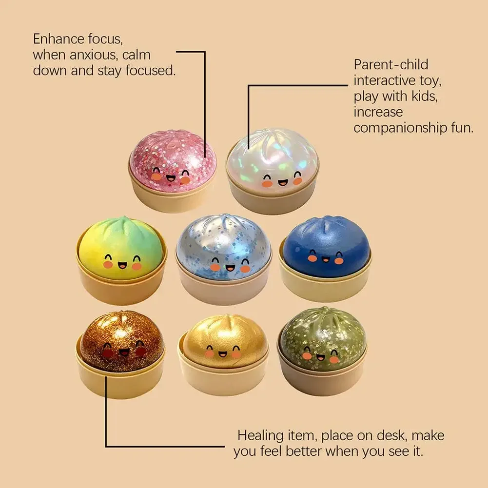 Colorful Dumpling Squishy Stress Relief Toy with Steamer Reusable Dough Ball Squeeze Rebound Sensory Fidget Toy Office Gift