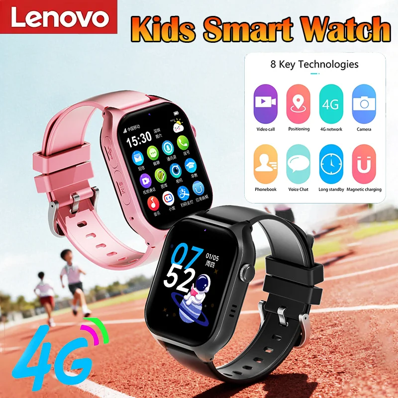 Lenovo New Upgrade 4G Kids Smart Watch GPS Tracker Video Call Sim Card SOS HD Camera Waterproof for Boys Girls with Earphone