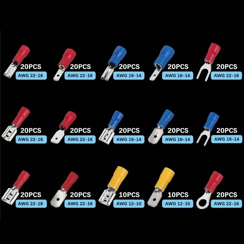 Automotive Insulated Electrical Wire Connector Kit Assorted Male Female Spade Ring Fork Butt Crimp Terminals Lugs Set for Cable