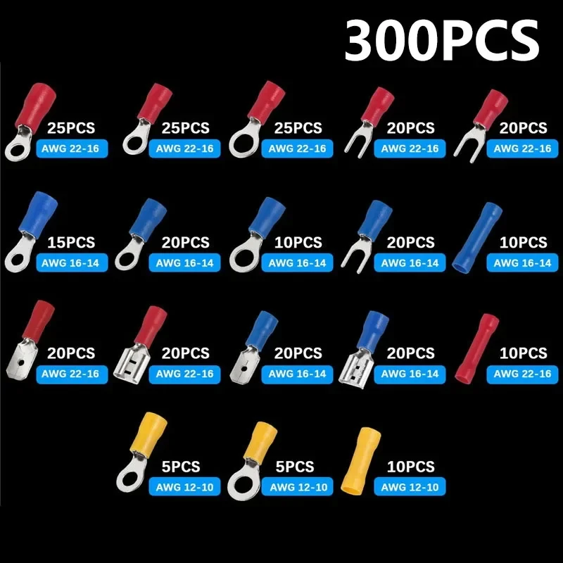 Automotive Insulated Electrical Wire Connector Kit Assorted Male Female Spade Ring Fork Butt Crimp Terminals Lugs Set for Cable