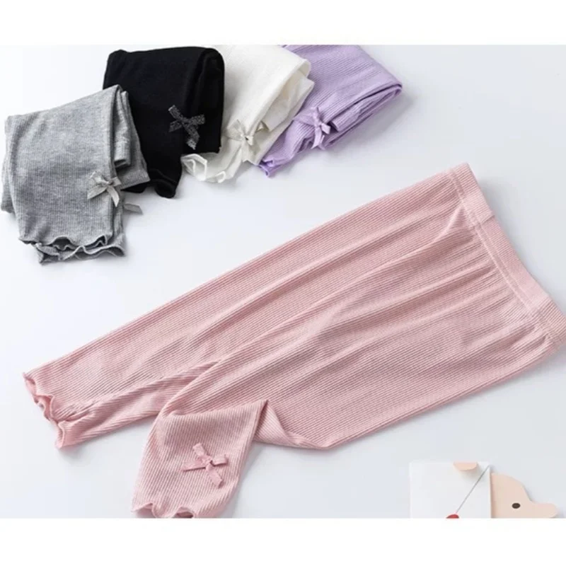 3-10Y Summer Kids Sweet Style Leggings Girls Solid Color Bow Seven Point Pants Waist Elastic Breathable Children Trousers