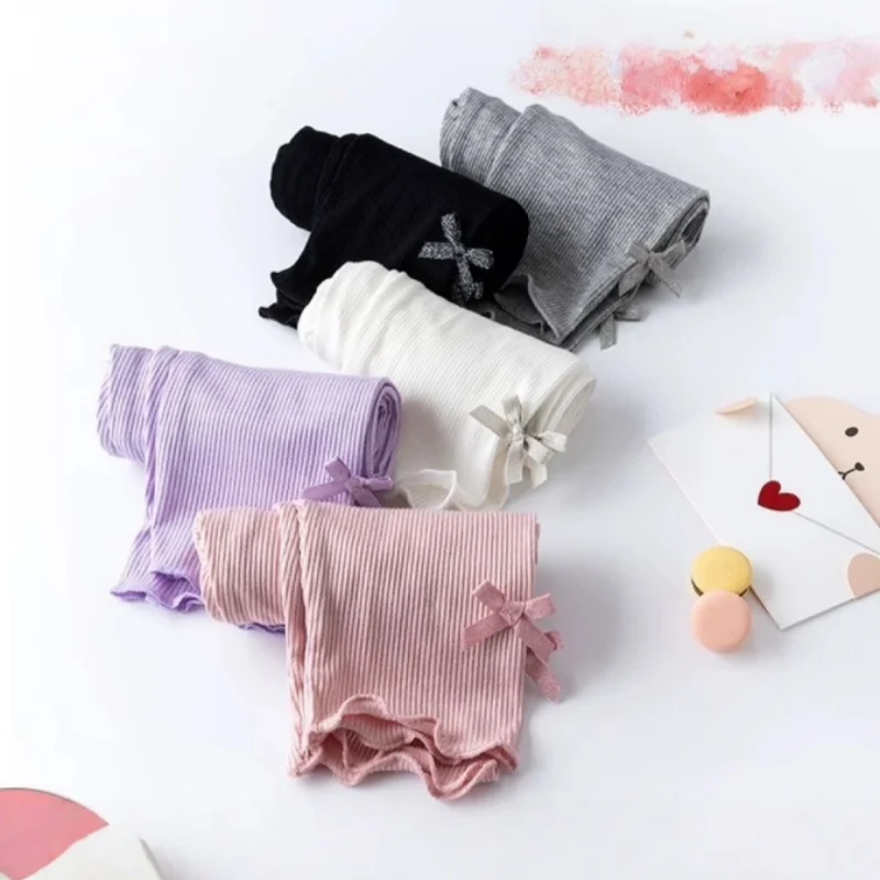 3-10Y Summer Kids Sweet Style Leggings Girls Solid Color Bow Seven Point Pants Waist Elastic Breathable Children Trousers